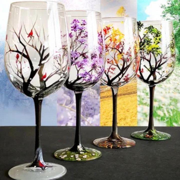 Vier-Jahreszeiten Baum -Weinglas | Handbemalte Kunstvolle Gläser