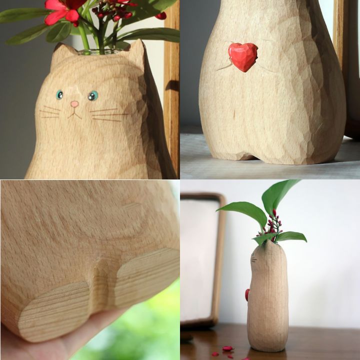 Katzen-Holzvase – Deko & Geschenk für Katzenfreunde