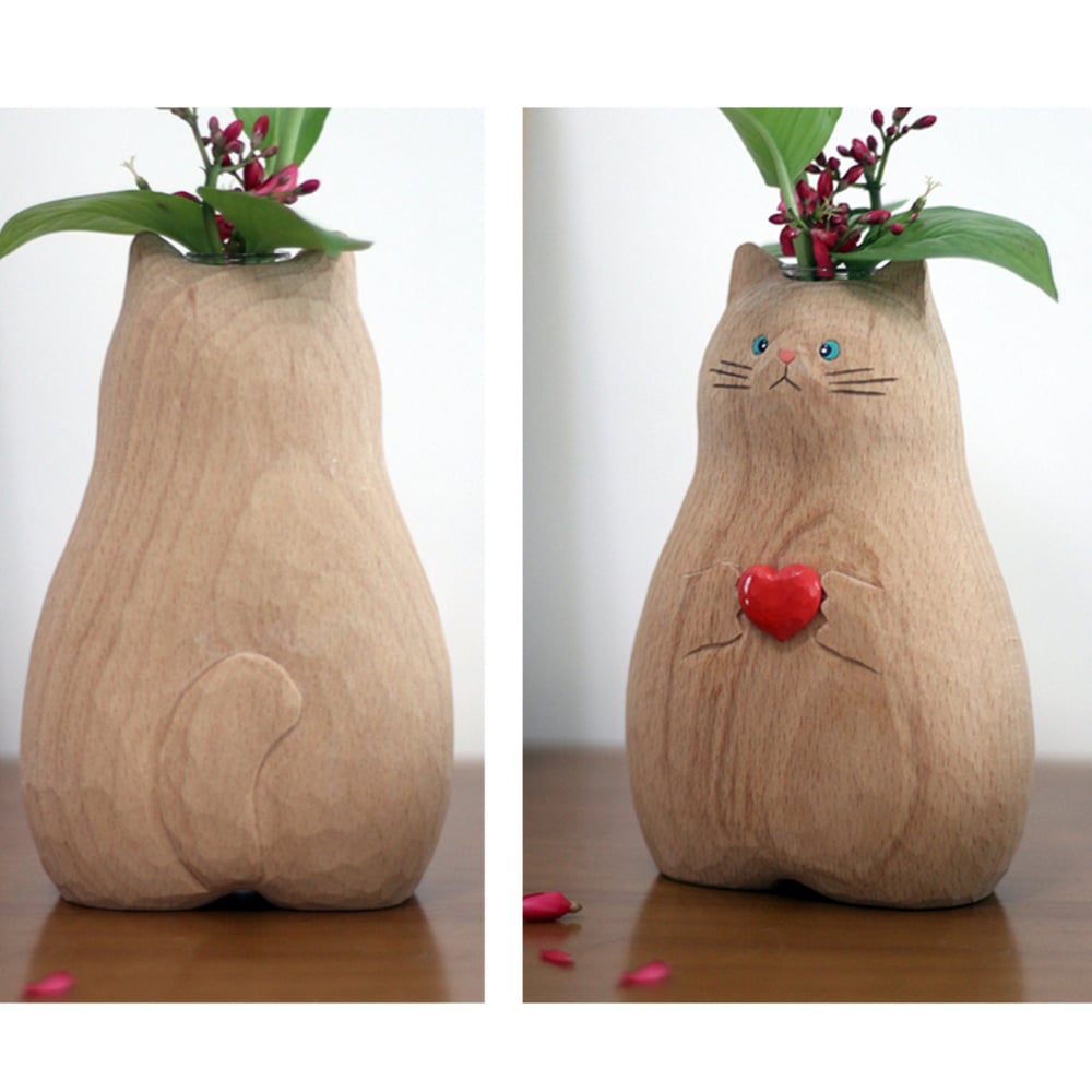 Handgefertigte Katzenvase aus Holz – Einzigartige & Umweltfreundliche Deko