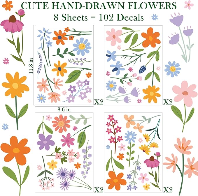 8 Bögen Frühlingshafte Blumen-Wandsticker – 102 selbstklebende Motive für ein frisches Zuhause!