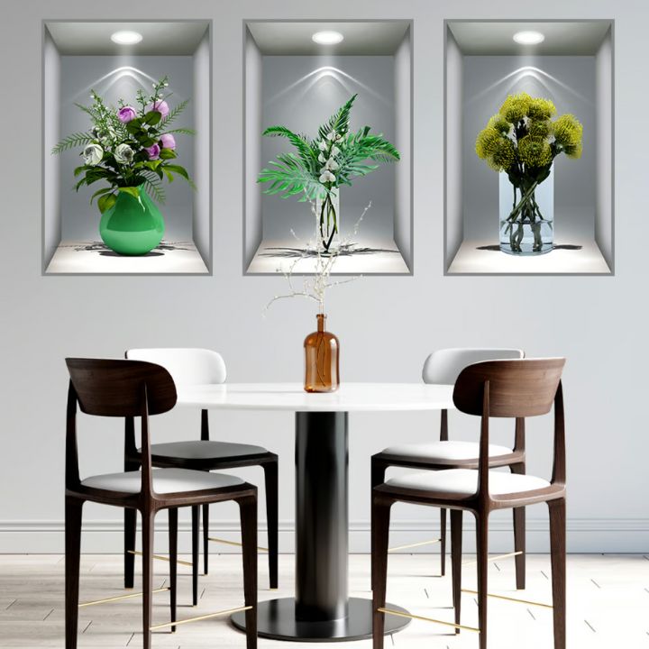 3D-Wandaufkleber mit Blumenvase – Naturgefühl & Eleganz | 3 Stück