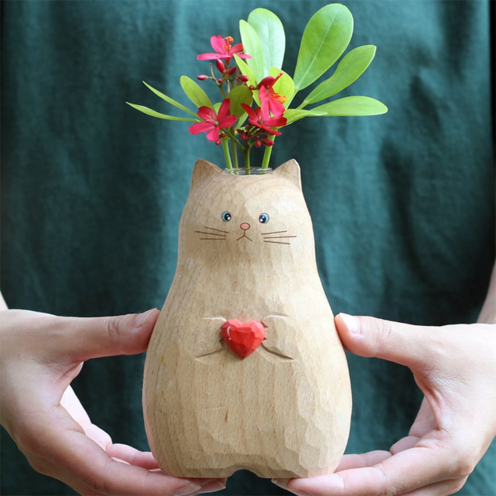 Handgefertigte Katzenvase aus Holz – Einzigartige & Umweltfreundliche Deko