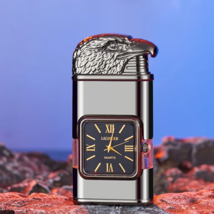 Windfestes Jet-Flammen-Feuerzeug mit Vintage-Uhr – Nachfüllbar