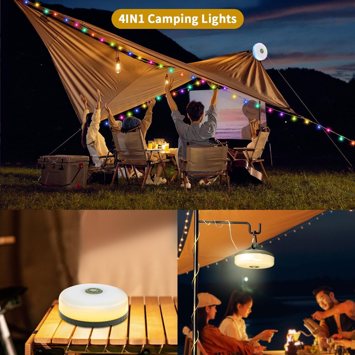 4-in-1 Campinglicht mit RGB-Lichterkette & Powerbank