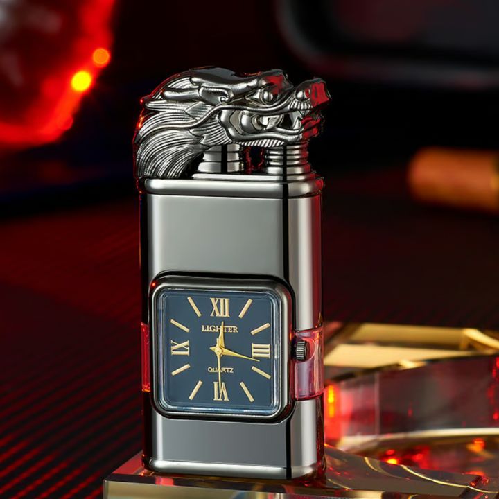 Windfestes Jet-Flammen-Feuerzeug mit Vintage-Uhr – Nachfüllbar