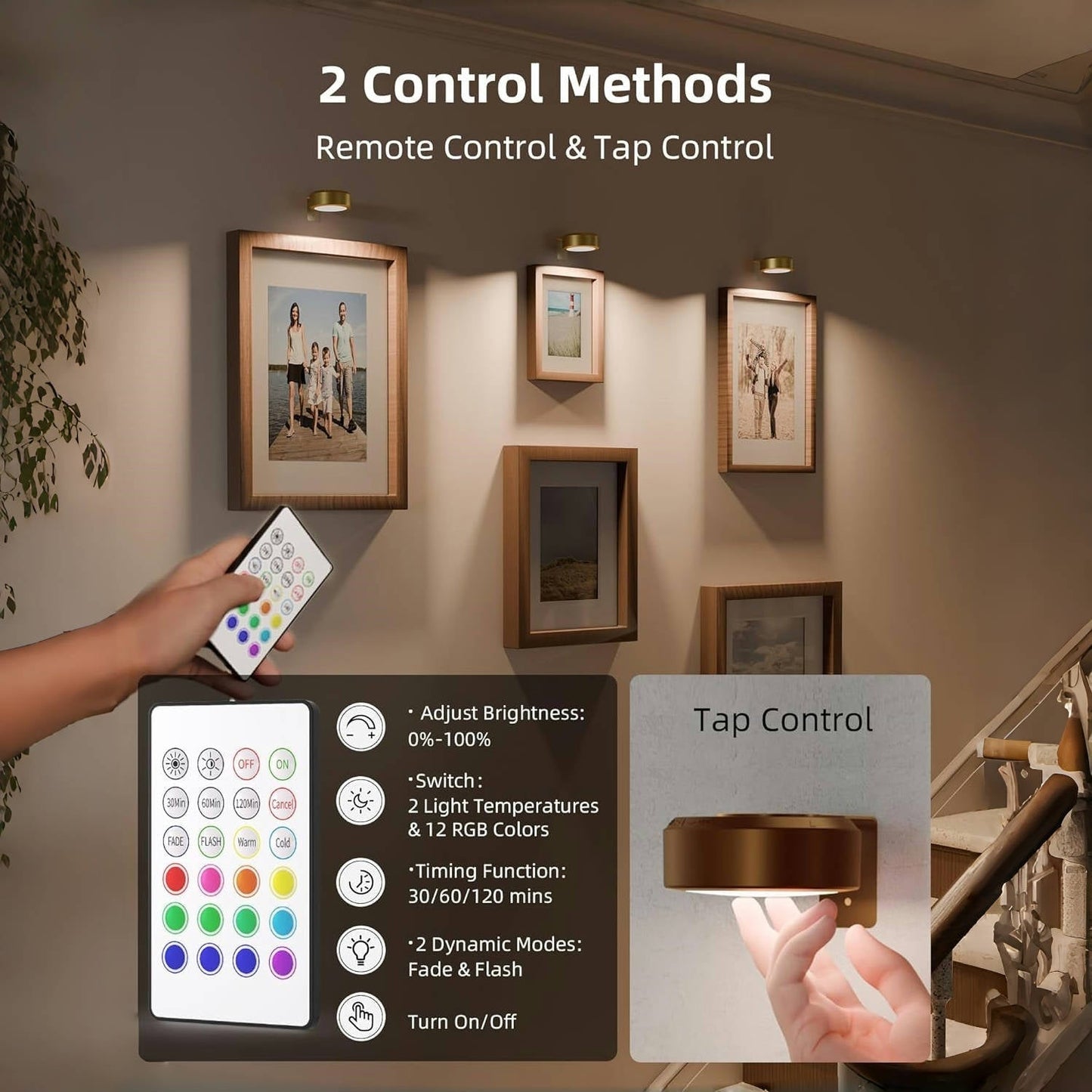 2 + 1 Gratis | Kabellose Bilderleuchten – Ohne Bohren, Wiederaufladbar, Farbwechsel mit Fernbedienung