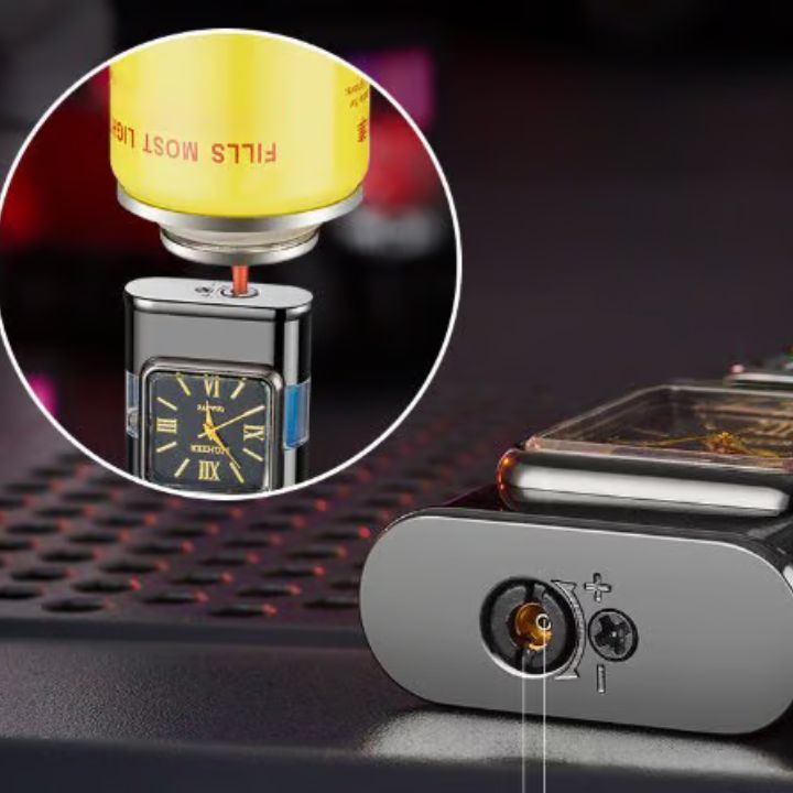 Windfestes Jet-Flammen-Feuerzeug mit Vintage-Uhr – Nachfüllbar