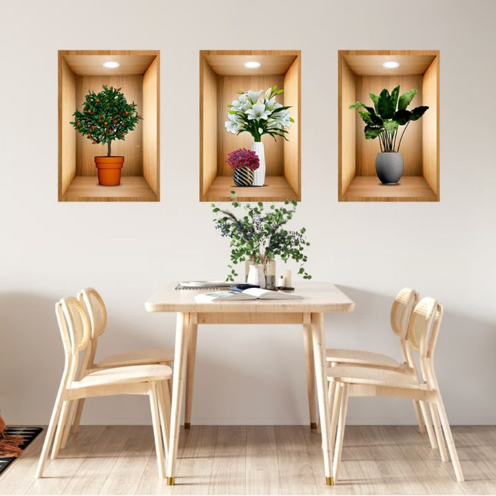 3D-Wandaufkleber mit Blumenvase – Naturgefühl & Eleganz | 3 Stück
