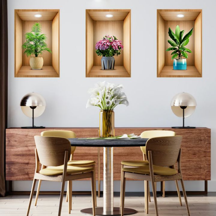 3D-Wandaufkleber mit Blumenvase – Naturgefühl & Eleganz | 3 Stück