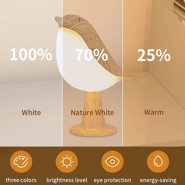 Vogel-Tischlampe aus Holz - dimmbar, mit Touch & Aromadiffusor