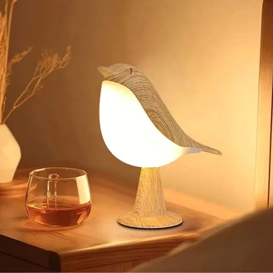 Vogel-Tischlampe aus Holz - dimmbar, mit Touch & Aromadiffusor
