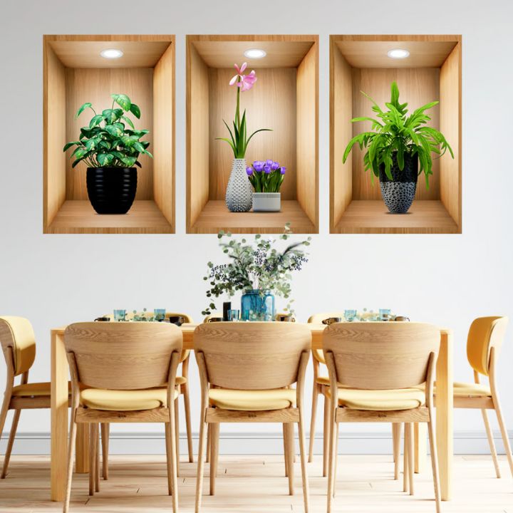 3D-Wandaufkleber mit Blumenvase – Naturgefühl & Eleganz | 3 Stück