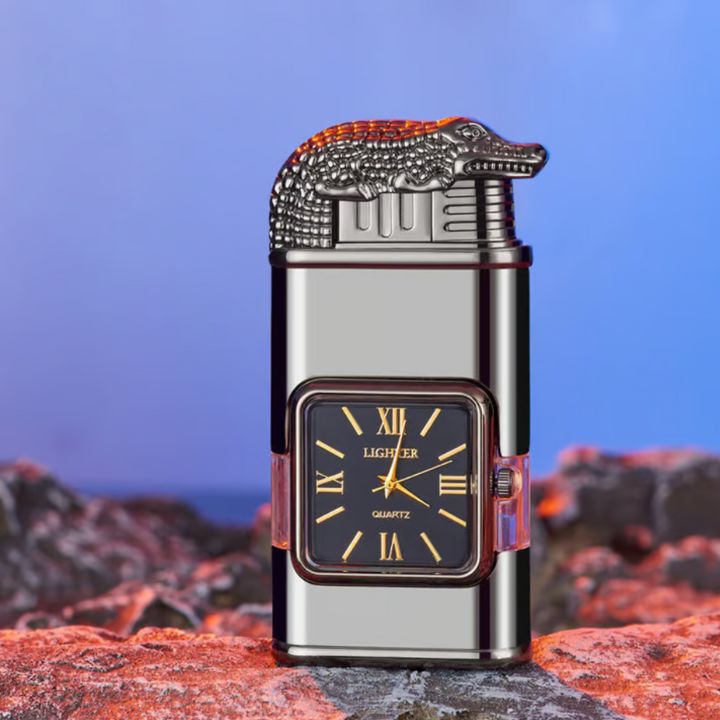 Windfestes Jet-Flammen-Feuerzeug mit Vintage-Uhr – Nachfüllbar