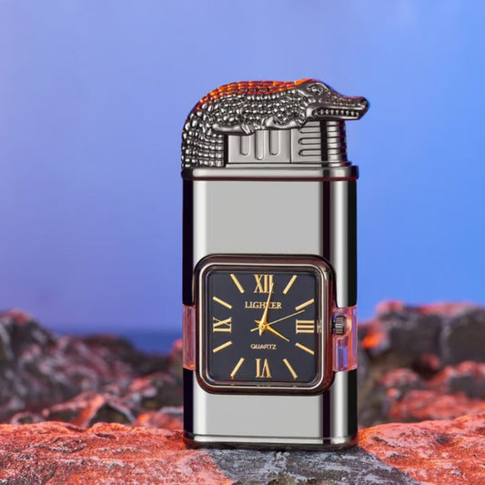 Windfestes Jet-Flammen-Feuerzeug mit Vintage-Uhr – Nachfüllbar