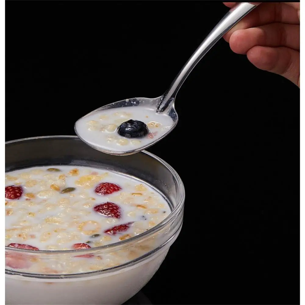 Set aus 5 Edelstahl-Löffeln mit breitem, eckigem Löffelkopf