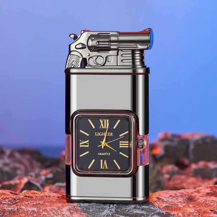 Windfestes Jet-Flammen-Feuerzeug mit Vintage-Uhr – Nachfüllbar
