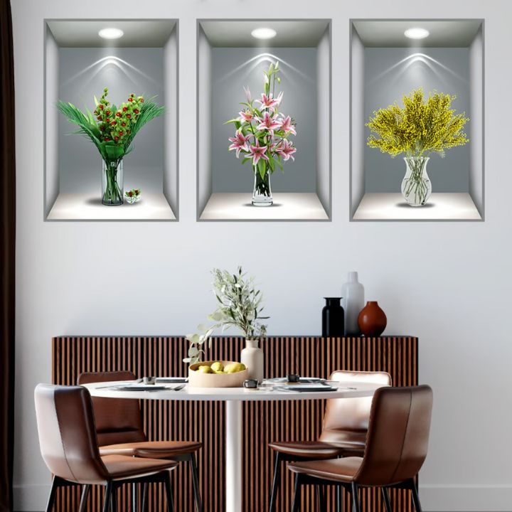 3D-Wandaufkleber mit Blumenvase – Naturgefühl & Eleganz | 3 Stück