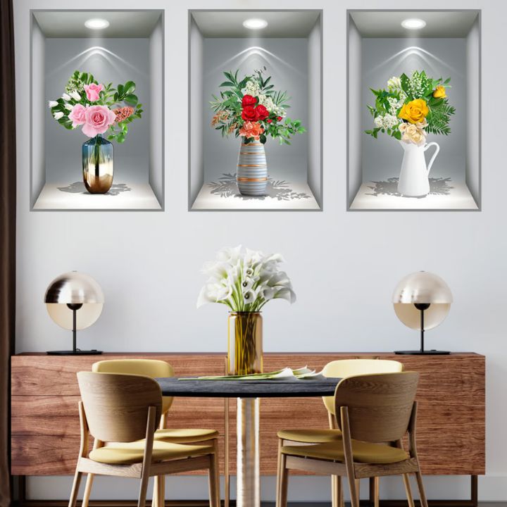 3D-Wandaufkleber mit Blumenvase – Naturgefühl & Eleganz | 3 Stück