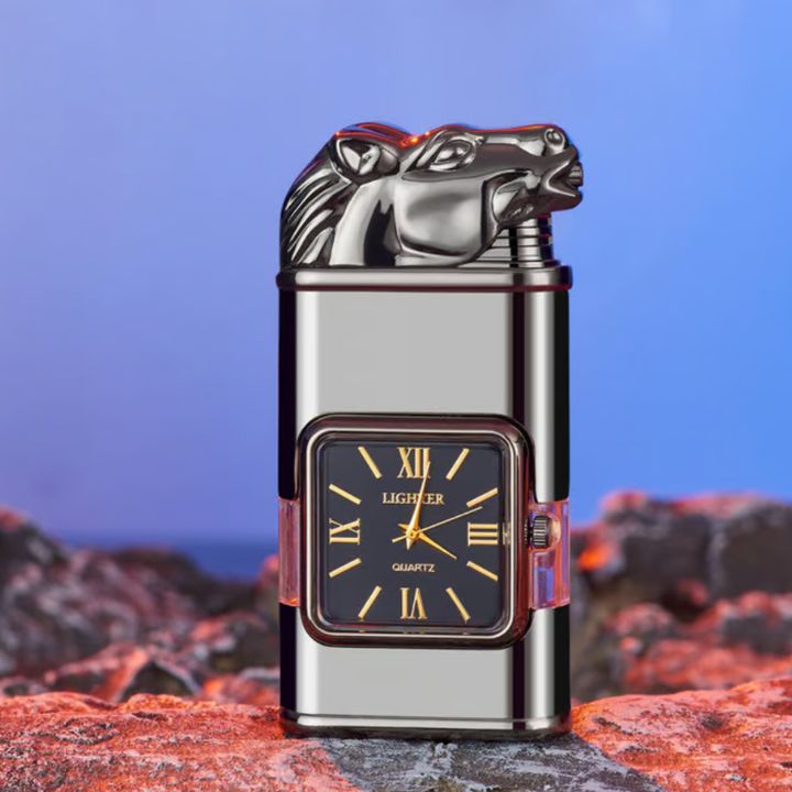 Windfestes Jet-Flammen-Feuerzeug mit Vintage-Uhr – Nachfüllbar