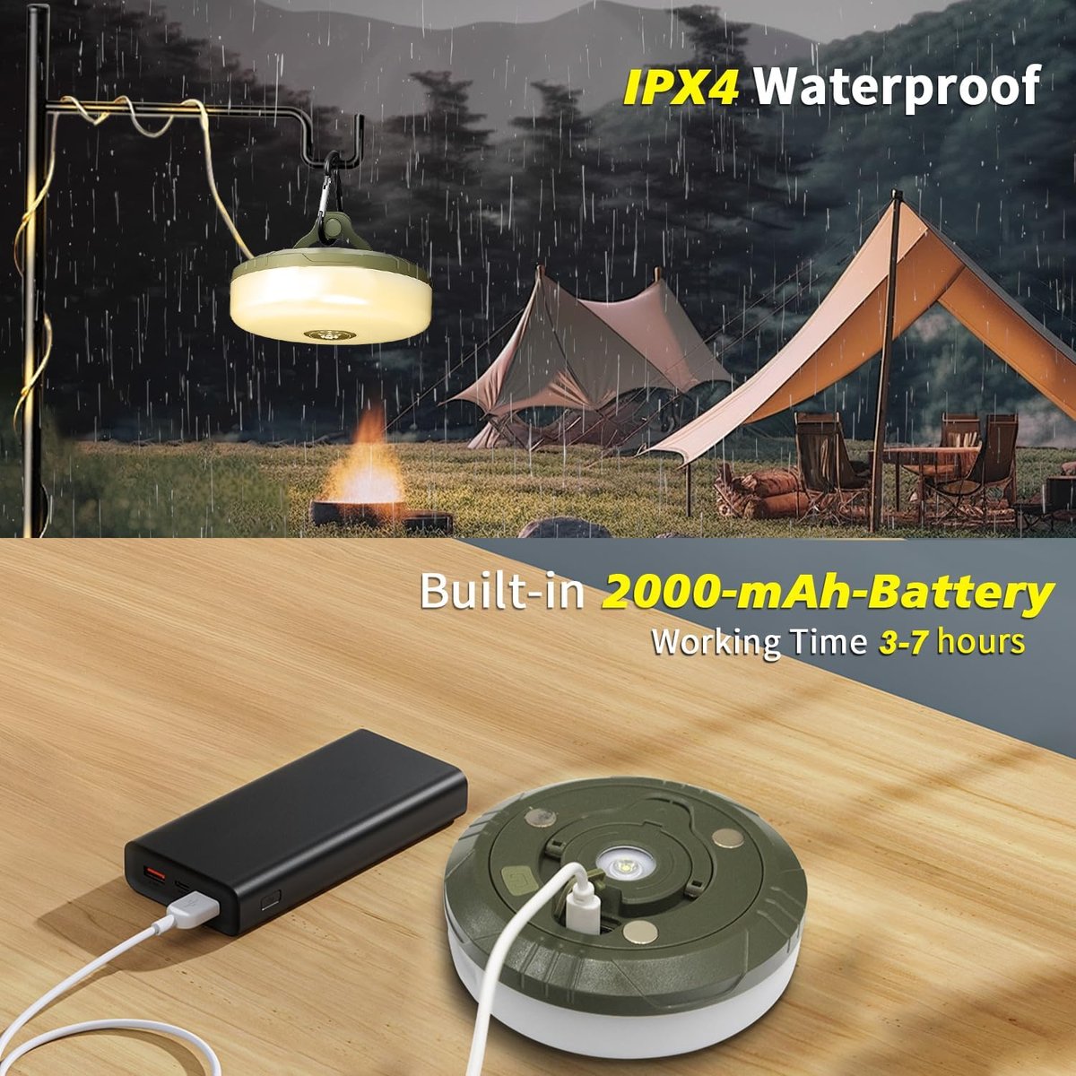 4-in-1 Campinglicht mit RGB-Lichterkette & Powerbank